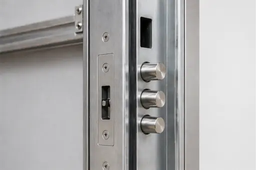 Detalle de cerradura de alta seguridad en puerta antiokupa en Sevilla