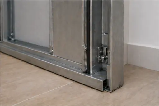 Detalle del marco y base de puerta antiokupa instalada en Sevilla