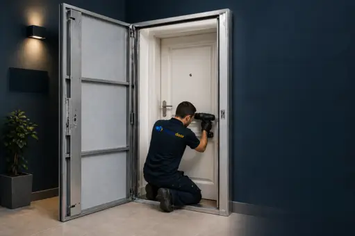 Técnico instalando puerta antiokupa en Sevilla sin dañar la estructura de la vivienda