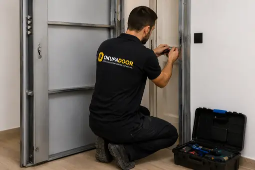 Técnico instalando puerta antiokupa en Sevilla sin dañar la estructura de la vivienda